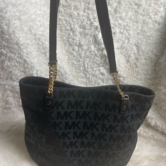 Michael Kors Black Fabric Signature Monogram medium tote gold tone chain straps - Picture 6 of 16